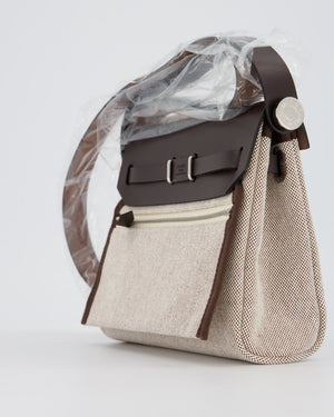 Hermès Mini Herbag Zip 20 Bag in Ebene Vache Hunter Leather & Ecru/Beige Viking Canvas with Palladium Hardware