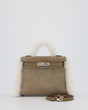 *HOT* Hermès Mini Kelly II 20 Teddy Plush Grizzly Bag in Etoupe Swift Leather, Gris Caillou Plush & Ecru Grizzly Suede Leather with Palladium Hardware