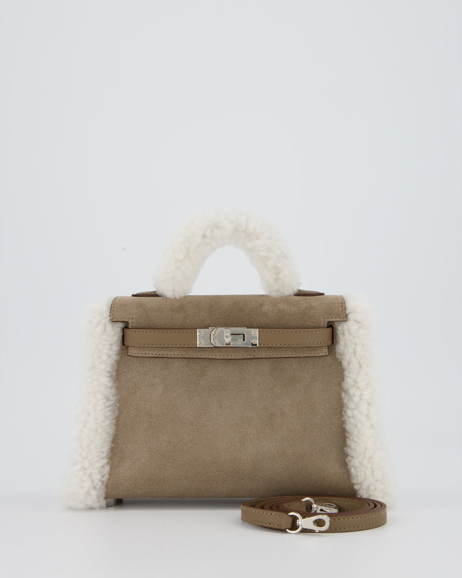 *HOT* Hermès Mini Kelly II 20 Teddy Plush Grizzly Bag in Etoupe Swift Leather, Gris Caillou Plush & Ecru Grizzly Suede Leather with Palladium Hardware