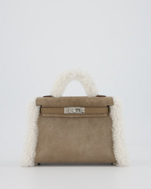 *HOT* Hermès Mini Kelly II 20 Teddy Plush Grizzly Bag in Etoupe Swift Leather, Gris Caillou Plush & Ecru Grizzly Suede Leather with Palladium Hardware