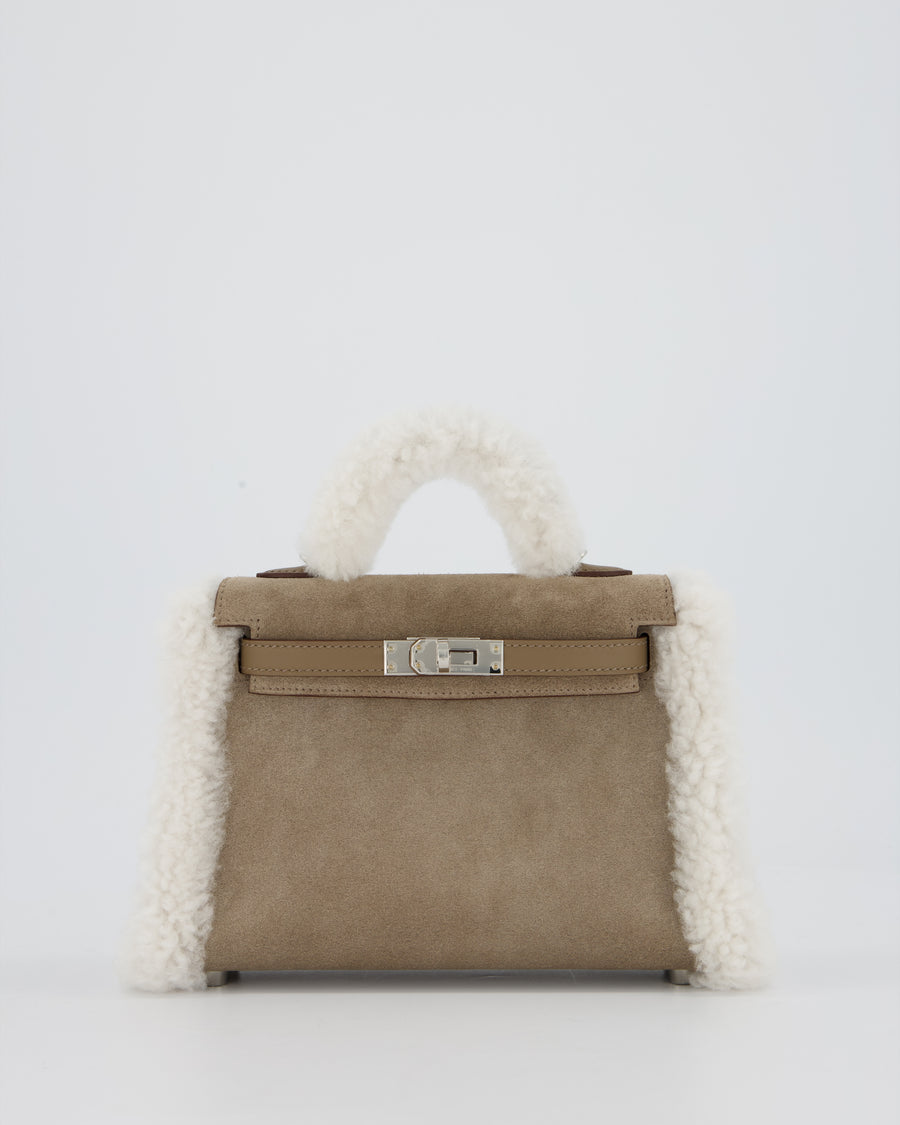 *HOT* Hermès Mini Kelly II 20 Teddy Plush Grizzly Bag in Etoupe Swift Leather, Gris Caillou Plush & Ecru Grizzly Suede Leather with Palladium Hardware