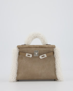 *HOT* Hermès Mini Kelly II 20 Teddy Plush Grizzly Bag in Etoupe Swift Leather, Gris Caillou Plush & Ecru Grizzly Suede Leather with Palladium Hardware