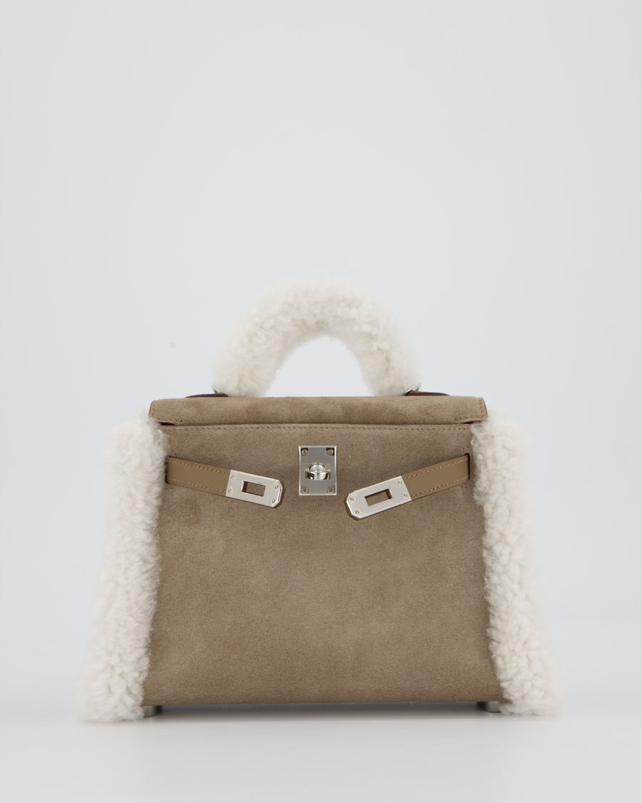 *HOT* Hermès Mini Kelly II 20 Teddy Plush Grizzly Bag in Etoupe Swift Leather, Gris Caillou Plush & Ecru Grizzly Suede Leather with Palladium Hardware