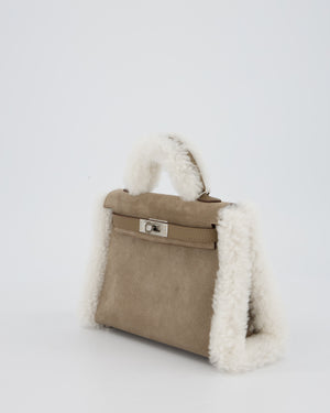 *HOT* Hermès Mini Kelly II 20 Teddy Plush Grizzly Bag in Etoupe Swift Leather, Gris Caillou Plush & Ecru Grizzly Suede Leather with Palladium Hardware
