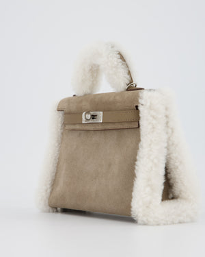 *HOT* Hermès Mini Kelly II 20 Teddy Plush Grizzly Bag in Etoupe Swift Leather, Gris Caillou Plush & Ecru Grizzly Suede Leather with Palladium Hardware