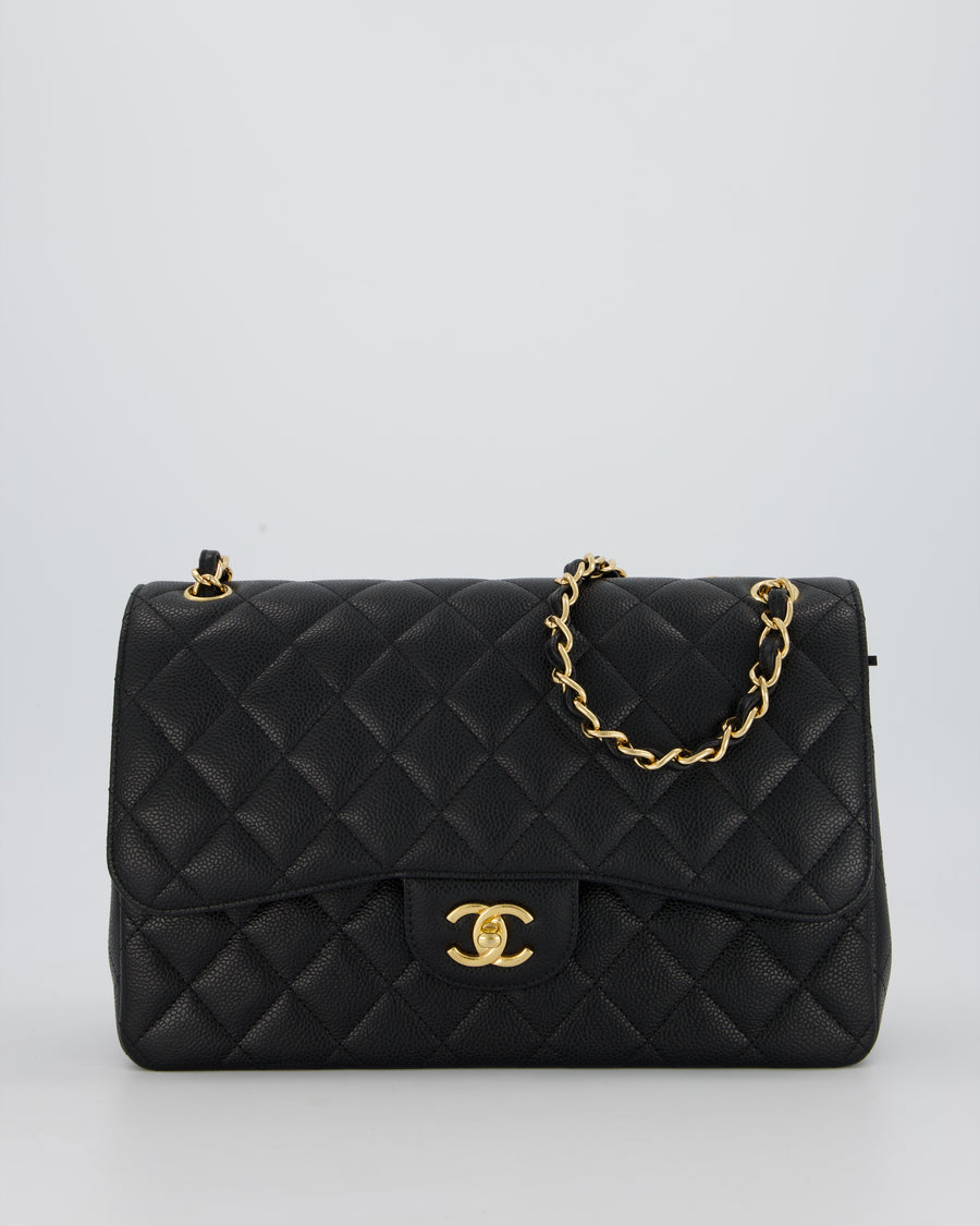 Chanel Black Jumbo Classic Double Flap Bag in Caviar Leather with Gold Hardware