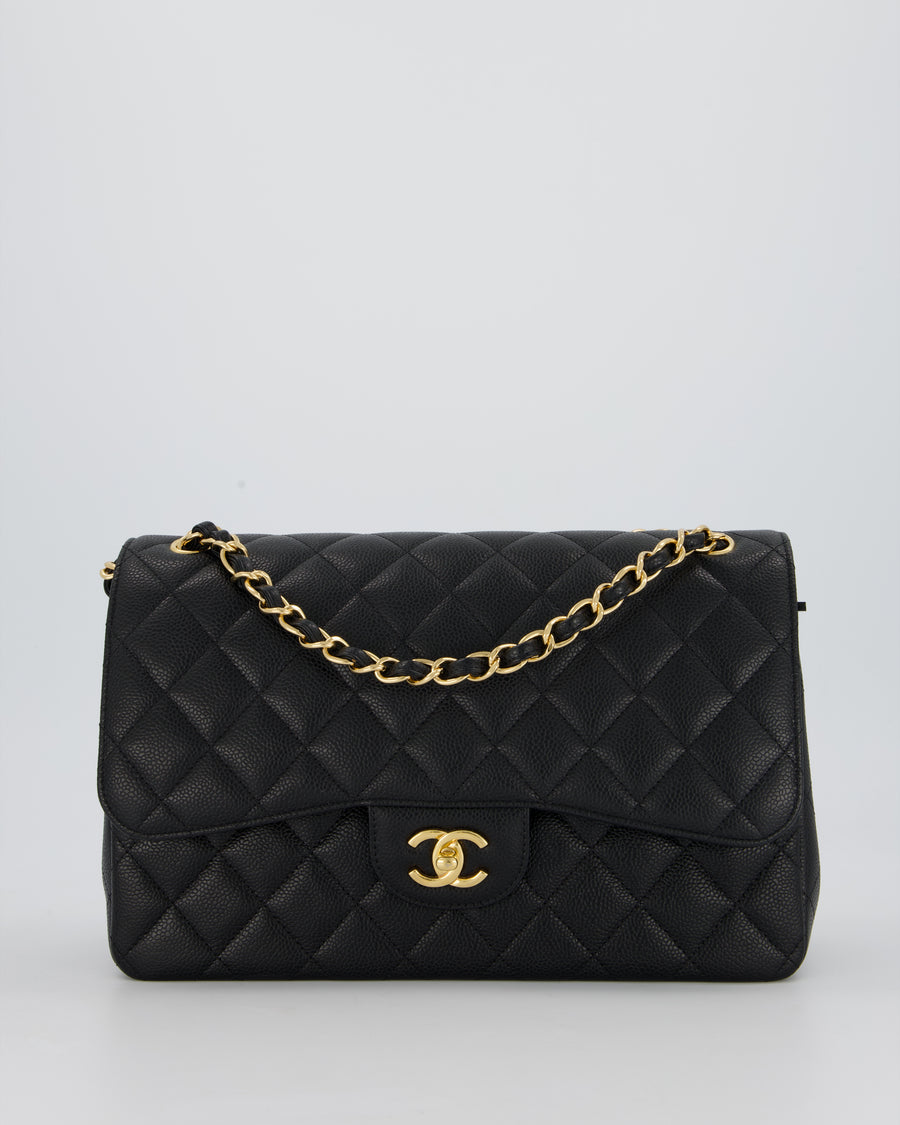 Chanel Black Jumbo Classic Double Flap Bag in Caviar Leather with Gold Hardware