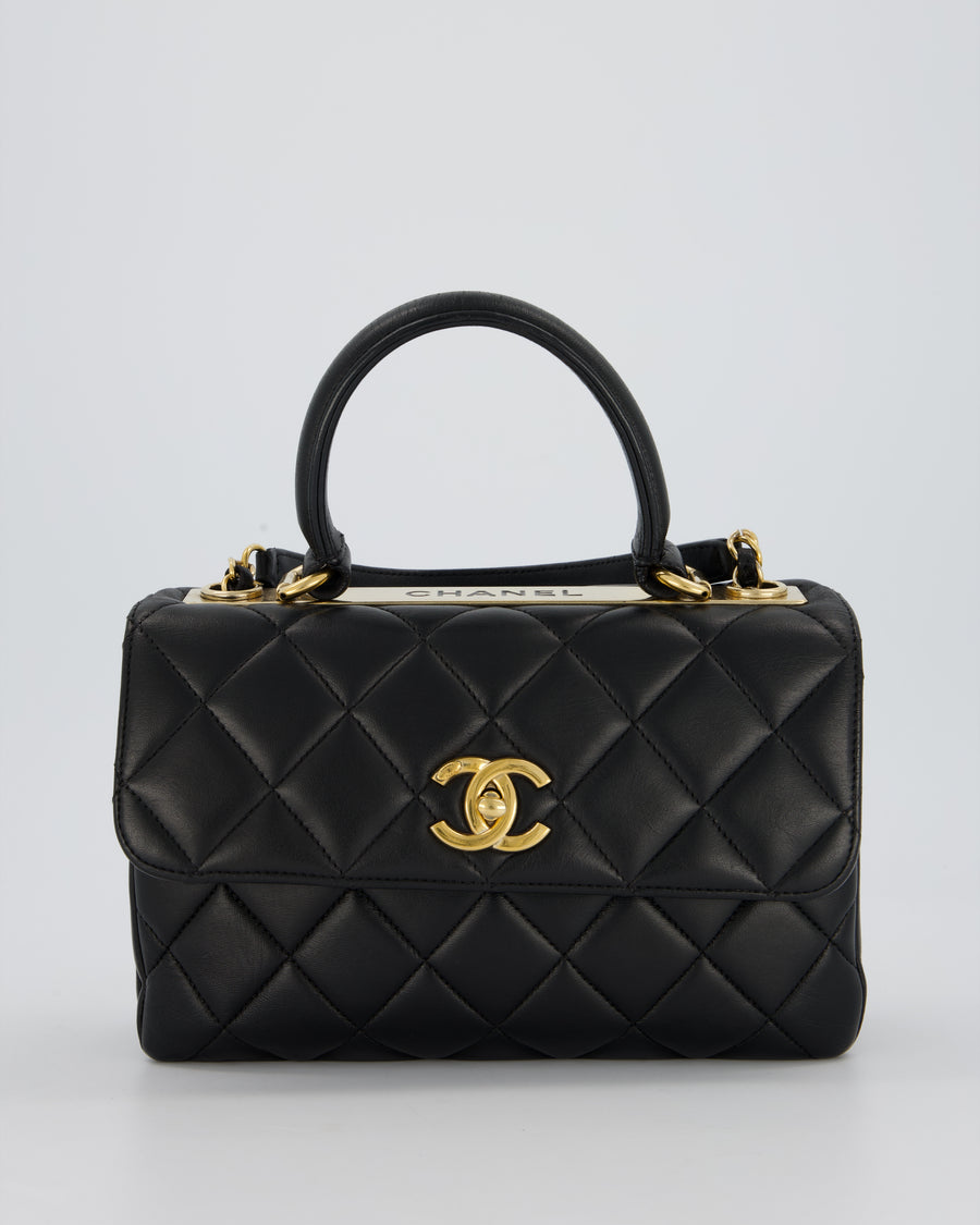 Chanel Black Small Trendy CC Top Handle Flap Bag in Quilted Lambskin Leather with Gold Hardware