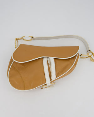 Christian Dior Vintage John Galliano Medium Saddle Bag in Brown in Lambskin Leather with Gold Hardware and White Trim