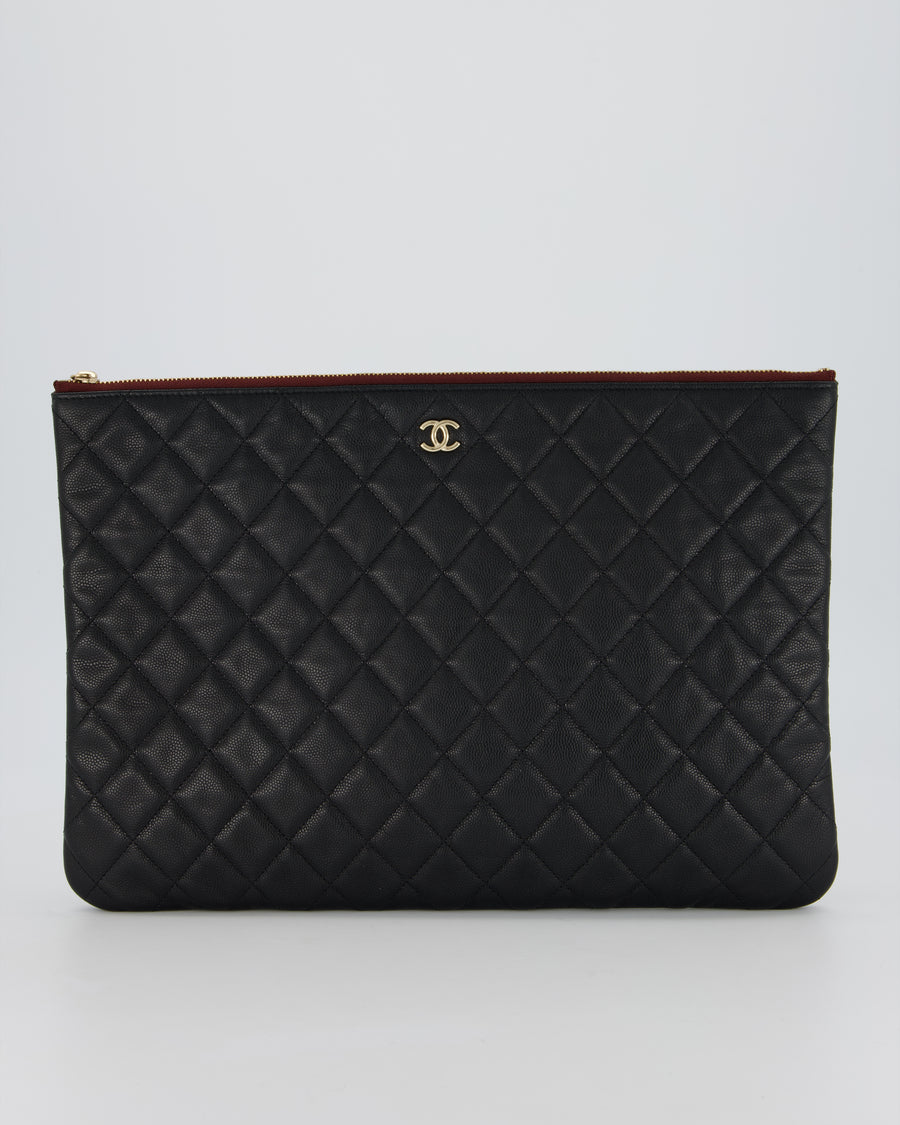 Chanel Large Black O Case Zip Pouch in Caviar Leather with Champagne Gold Hardware