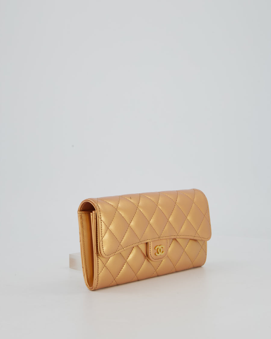 Chanel Iridescent Metallic Peach Long Flap Wallet In Lambskin Leather with Gold Hardware