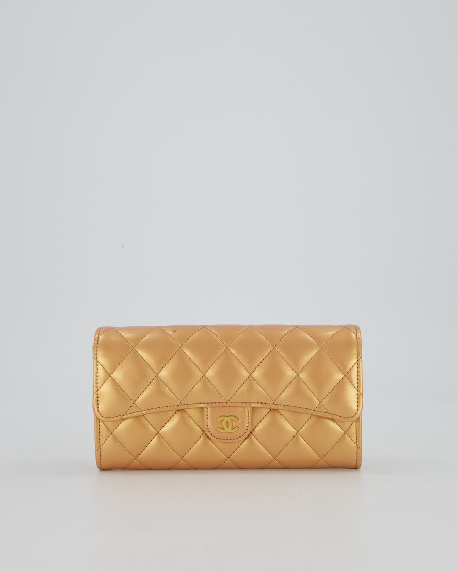 Chanel Iridescent Metallic Peach Long Flap Wallet In Lambskin Leather with Gold Hardware