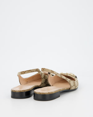 Gucci Beige Pointed Horsebit Slingback Flats in Canvas with Gold Tone Horsebit Chain Detail EU 41