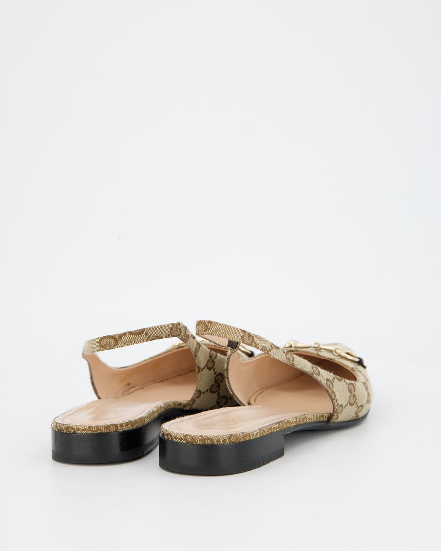 Gucci Beige Pointed Horsebit Slingback Flats in Canvas with Gold Tone Horsebit Chain Detail EU 41