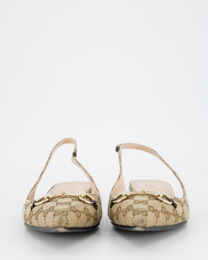 Gucci Beige Pointed Horsebit Slingback Flats in Canvas with Gold Tone Horsebit Chain Detail EU 41