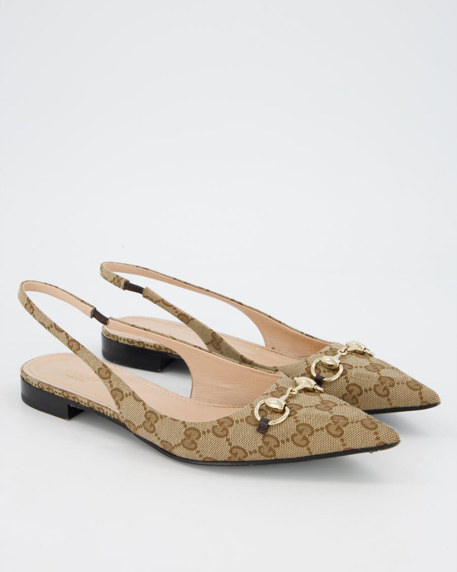 Gucci Beige Pointed Horsebit Slingback Flats in Canvas with Gold Tone Horsebit Chain Detail EU 41
