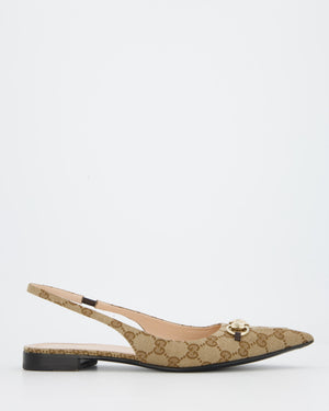 Gucci Beige Pointed Horsebit Slingback Flats in Canvas with Gold Tone Horsebit Chain Detail EU 41