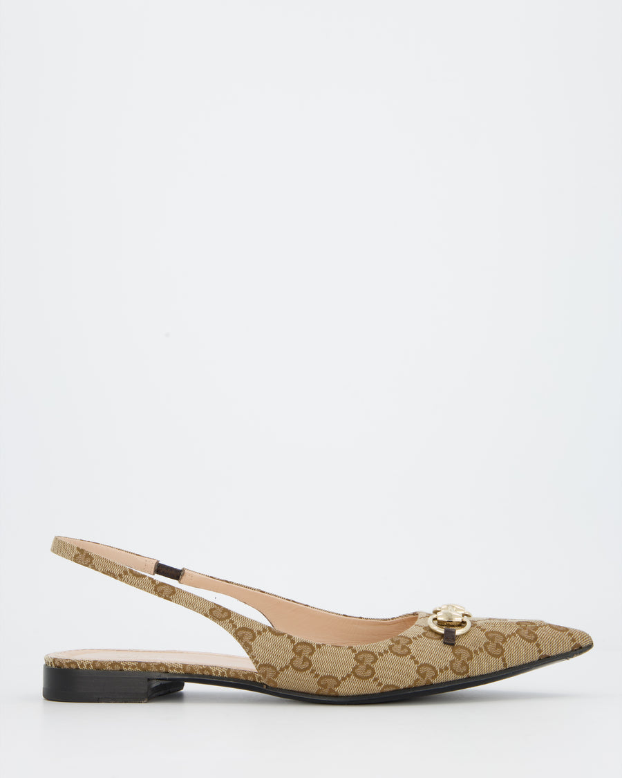 Gucci Beige Pointed Horsebit Slingback Flats in Canvas with Gold Tone Horsebit Chain Detail EU 41