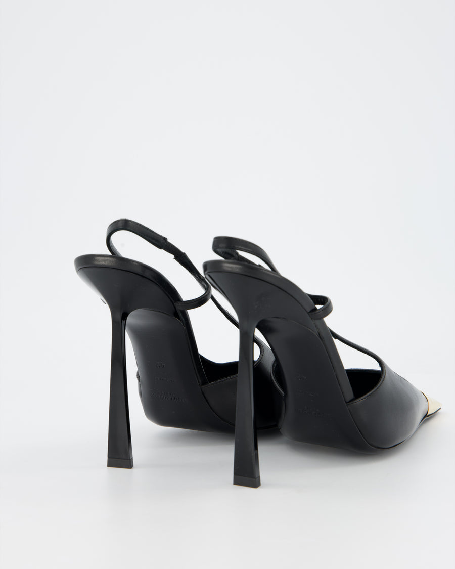 Saint Laurent Black Jeanne 110 Slingback Heels in Smooth Black Leather with a Gold Tone Metal Cap Toe Embossed with a Cassandre motif Size EU 42