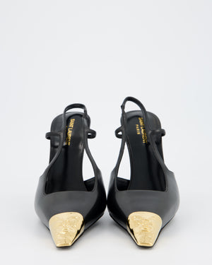 Saint Laurent Black Jeanne 110 Slingback Heels in Smooth Black Leather with a Gold Tone Metal Cap Toe Embossed with a Cassandre motif Size EU 42