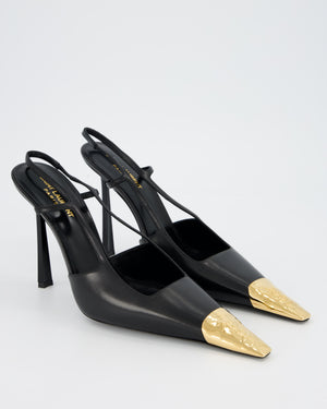 Saint Laurent Black Jeanne 110 Slingback Heels in Smooth Black Leather with a Gold Tone Metal Cap Toe Embossed with a Cassandre motif Size EU 42