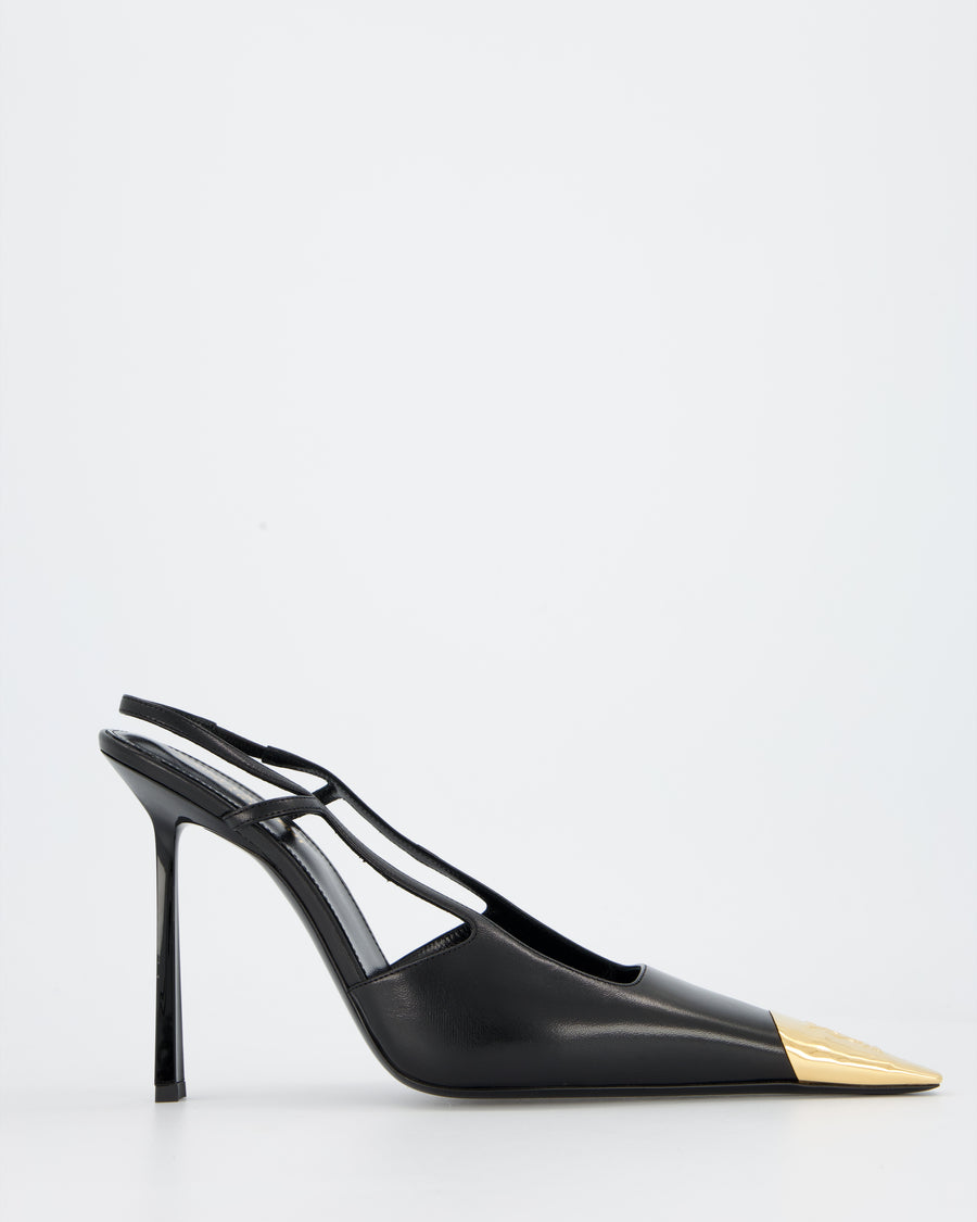 Saint Laurent Black Jeanne 110 Slingback Heels in Smooth Black Leather with a Gold Tone Metal Cap Toe Embossed with a Cassandre motif Size EU 42