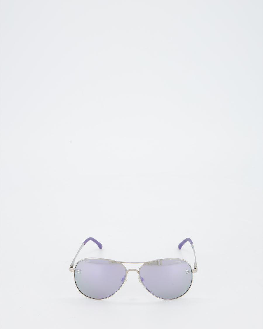 Chanel Silver and Purple Pilot CH4189TQ Sunglasses with CC Logo Detail