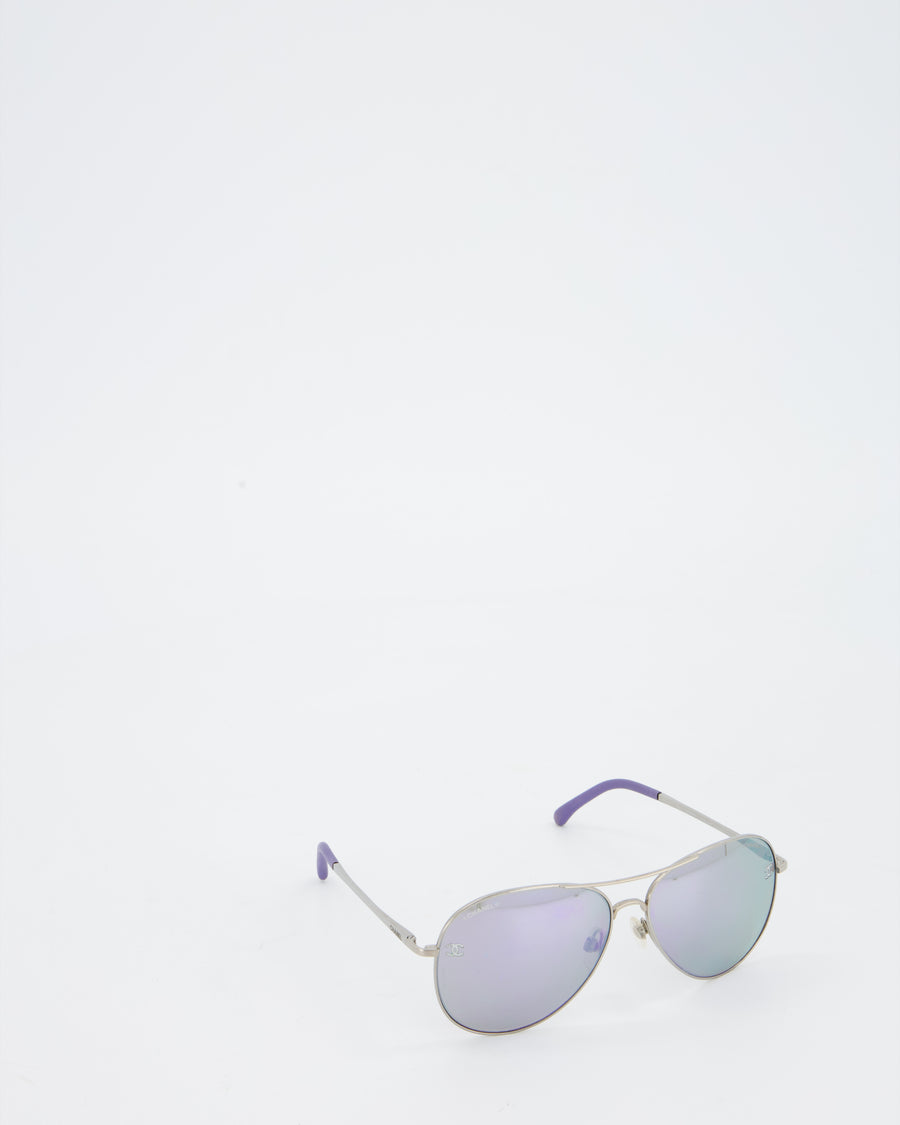 Chanel Silver and Purple Pilot CH4189TQ Sunglasses with CC Logo Detail