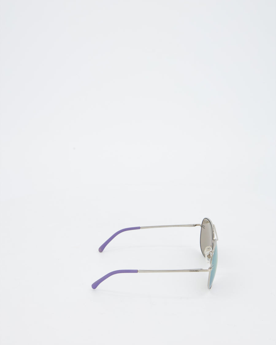 Chanel Silver and Purple Pilot CH4189TQ Sunglasses with CC Logo Detail
