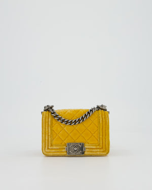 Chanel Mini Boy Bag in Mustard Yellow Velvet with Ruthenium Hardware