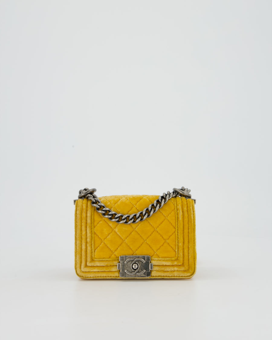 Chanel Mini Boy Bag in Mustard Yellow Velvet with Ruthenium Hardware