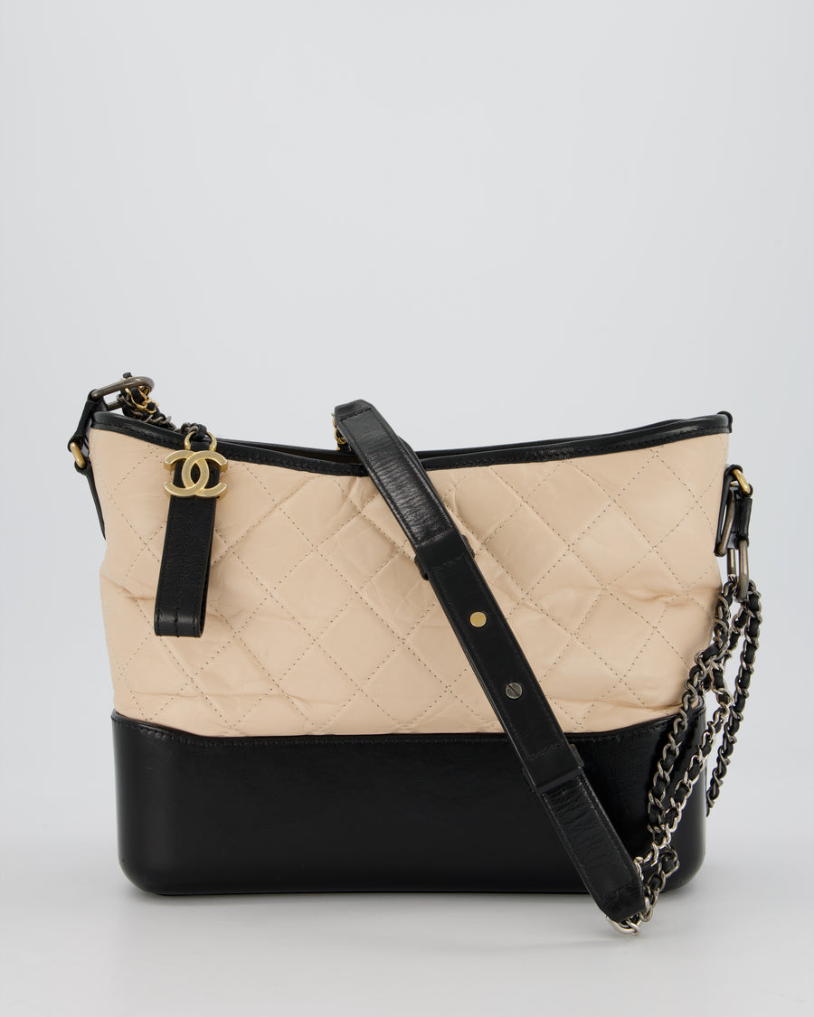 Chanel Large Gabrielle Bag in Beige and Black Crumpled Calfskin Leather with Mixed Hardware