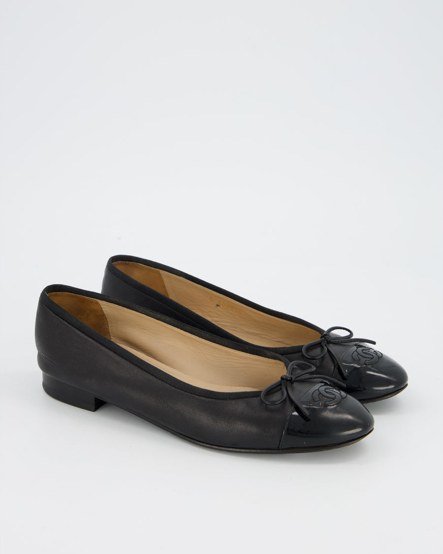 Chanel Black Leather Ballerina Flats with Patent CC Toecap Size EU 40