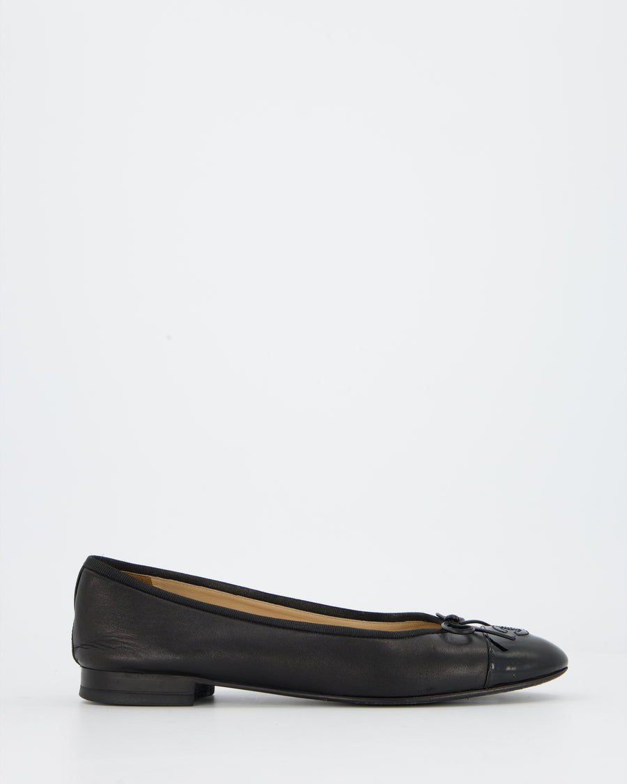 Chanel Black Leather Ballerina Flats with Patent CC Toecap Size EU 40