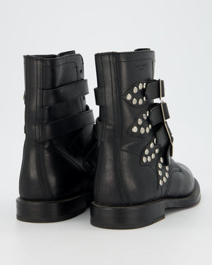 Saint Laurent Black Leather Combat Boots with Stud and Buckle Details Size EU 38