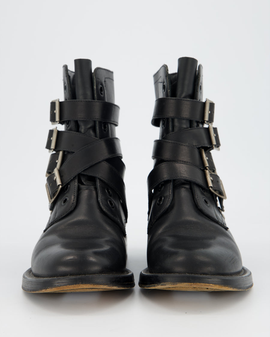 Saint Laurent Black Leather Combat Boots with Stud and Buckle Details Size EU 38