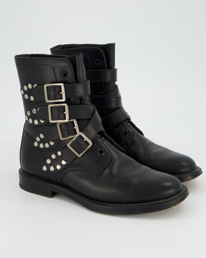 Saint Laurent Black Leather Combat Boots with Stud and Buckle Details Size EU 38