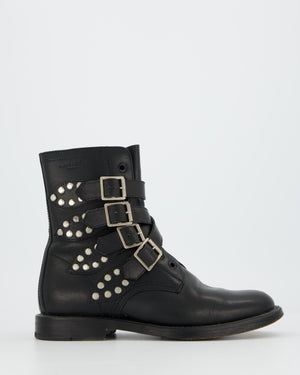 Saint Laurent Black Leather Combat Boots with Stud and Buckle Details Size EU 38