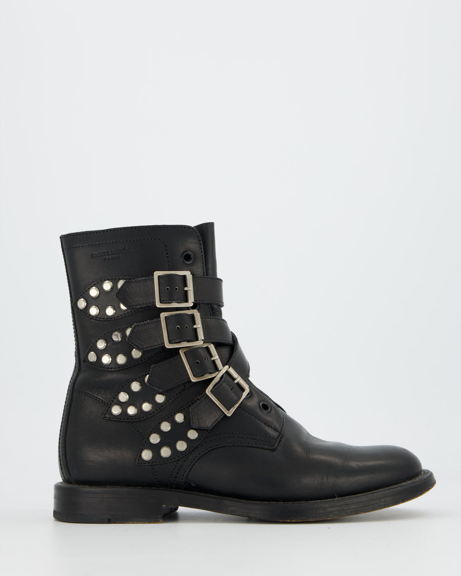 Saint Laurent Black Leather Combat Boots with Stud and Buckle Details Size EU 38