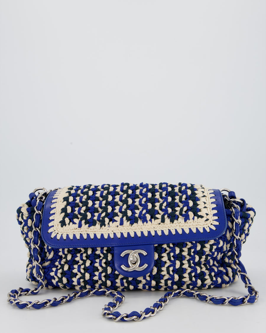 Chanel Navy, Blue and Cream Crochet Flap Bag with Silver Hardware