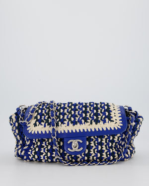 Chanel Navy, Blue and Cream Crochet Flap Bag with Silver Hardware