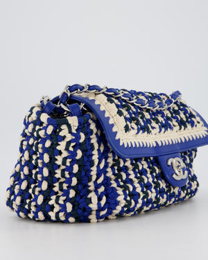 Chanel Navy, Blue and Cream Crochet Flap Bag with Silver Hardware
