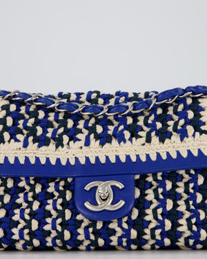 Chanel Navy, Blue and Cream Crochet Flap Bag with Silver Hardware