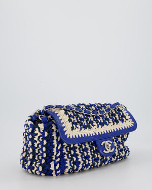 Chanel Navy, Blue and Cream Crochet Flap Bag with Silver Hardware