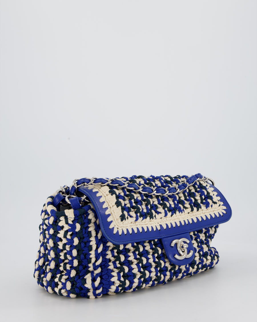 Chanel Navy, Blue and Cream Crochet Flap Bag with Silver Hardware