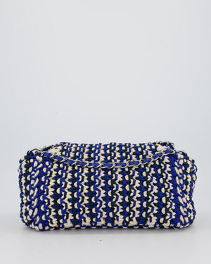 Chanel Navy, Blue and Cream Crochet Flap Bag with Silver Hardware