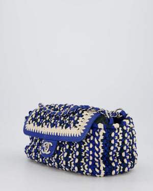 Chanel Navy, Blue and Cream Crochet Flap Bag with Silver Hardware