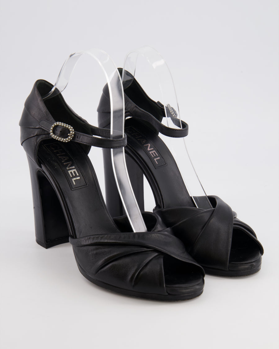 Chanel Black Heeled Twist Sandals with Pearl Embellished CC Logo Size EU 40.5C