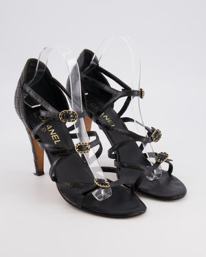 Chanel Black Quilted Leather Strappy Heeled Sandals with Gold Chain Buckles and Gold CC Logo Detail Size 40.5C