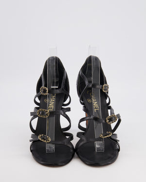 Chanel Black Quilted Leather Strappy Heeled Sandals with Gold Chain Buckles and Gold CC Logo Detail Size 40.5C